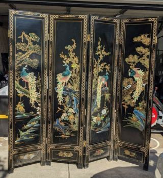 Japanese Vintage Oriental 4 Panel Mother of Pearl Folding Screen 2