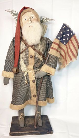 Vintage Arnett’s Country Store Ooak Santa Claus 22” Patriotic Bersnickle W/ Glag