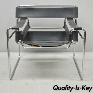 Vintage Marcel Breuer Wassily Style Chrome Black Leather Sling Lounge Chair