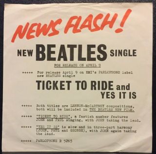 The Beatles Ticket To Ride 45 Parlophone R5265 Holland Promo Picture Sleeve 1965