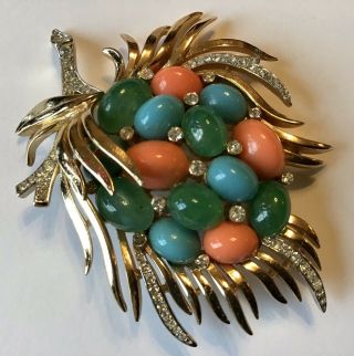 Vintage Crown Trifari Jewels Of India Multi Colored Cabochon Brooch