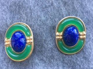 Christian Dior Germany Vintage 1971 Rare Emerald Green Glass And Lapis Earrings