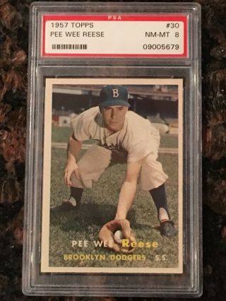 1957 Topps Pee Reese Brooklyn Dodgers 30 Baseball Card Psa 8