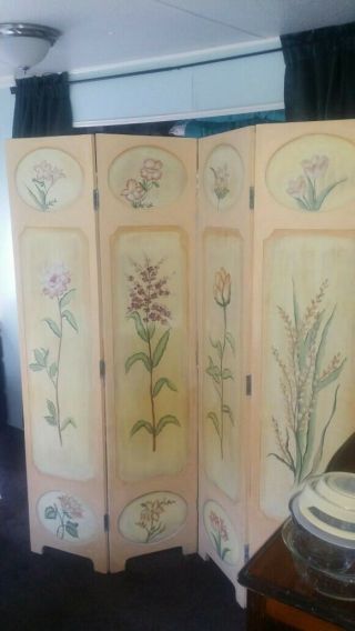 Wood 4 - Panel Screen Room Divider Hand Painted Flowers Vintage