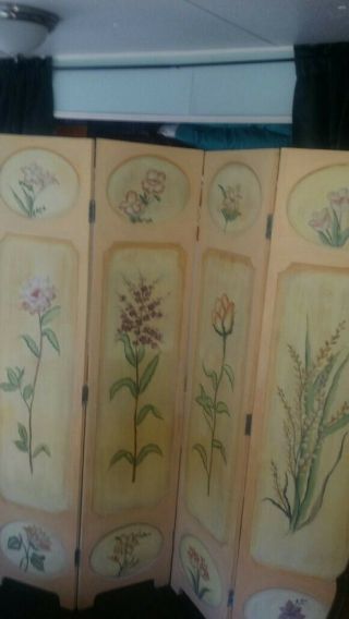 Wood 4 - Panel Screen Room Divider hand painted flowers vintage 2