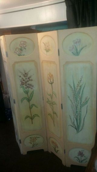 Wood 4 - Panel Screen Room Divider hand painted flowers vintage 3