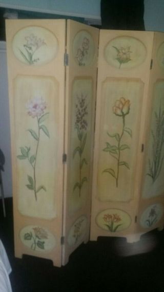 Wood 4 - Panel Screen Room Divider hand painted flowers vintage 5