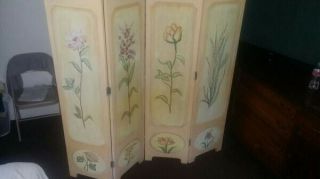 Wood 4 - Panel Screen Room Divider hand painted flowers vintage 6