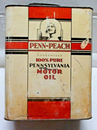Rare Vintage Penn - Peach Motor Oil Co.  Two Gallon Can Woman Graphics Butler Pa