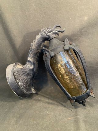 Antique Bronze Tudor Sconce w Dragon Arm - Vintage Arts Crafts Light Fixture 4