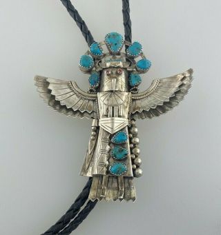 Larger Kachina Vintage Navajo Sterling Silver Turquoise Coral 4.  5 " Bolo Tie 57g