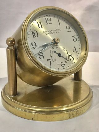 Rare Vintage Chelsea Solid Brass Key Wound Clock,  Boston U.  S.  A With Jewels