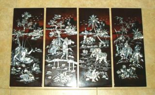 4 VINTAGE BLACK LACQUER CHINESE/VIETNAMESE WALL ART MOTHER of PEARL PLAQUES 2