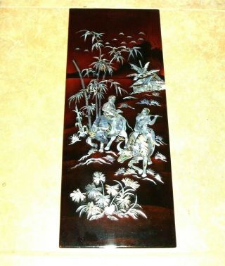4 VINTAGE BLACK LACQUER CHINESE/VIETNAMESE WALL ART MOTHER of PEARL PLAQUES 6