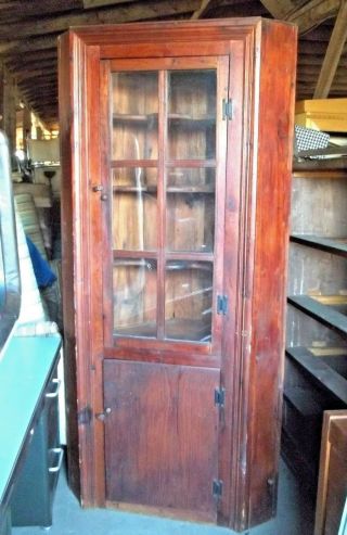 Vintage Early Colonial Style Glass Door Hand Crafted Country Corner Cupboard