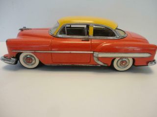 Vintage 1950s Tin Friction Car Chevy Orange & Yellow Marusan Japan 11 " Long Rare