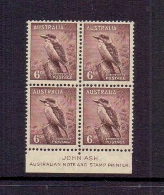 Australia 1937 6d Kookaburra - John Ash Imprint Block Of 4 Mnh