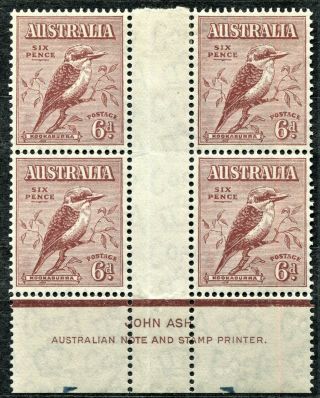 Australia 1932 6d Red Brown Kookaburra,  Sg 146,  Ash Imprint Block Of 4,  Cv £64