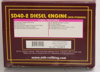 MTH 20 - 2362 - 3 UP Non - Powered SD40 Diesel Locomotive EX/Box 3