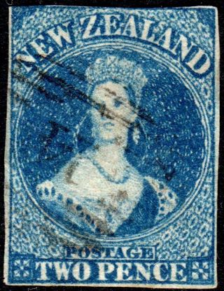 Zealand 12 1862 Qv Chalon 2d Blue Lge Star W/m