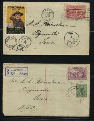 Australia 1938 Registered & 1936 Postage Due Insufficient Postage Covers To Usa