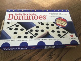 Vtg Cardinal Double Six Jumbo Dominoes Vinyl Carrying Case Colored Dots Nos 1997