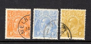 Australia Kgv Heads 3 X 4d Values Different Colours Very Fine Not Cat By Me