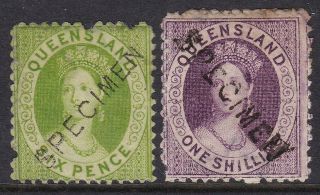 Queensland 1868 - 74 Chalon 6d & 1s " Specimen " Overprints (2)
