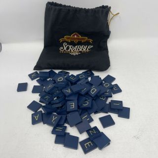 1998 Scrabble Deluxe 50th Anniversary Replacement Tiles 100 Blue / Gold Wood
