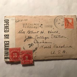 1944 Zealand Censored Postage Due Cover To North Carolina