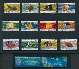 Penrhyn (1974 - 75) 50 - 63 " Fish " Complete Set Of 14; Mnh Except 63 Mlh