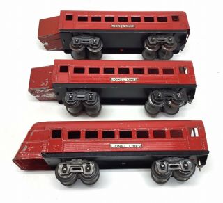 3 Antique Lionel Lines Pre War Red Streamline Articulated Passenger Tin Cars Set