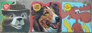 3 Vintage Golden Shape Books Lassie & Her Friends,  Bullwinkle Book,  Smokey Bear