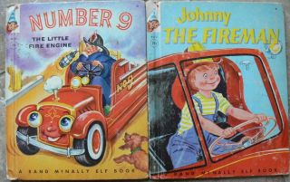 2 Vintage Rand Mcnally Elf Books Johnny The Fireman,  Number 9 Little Fire Eng