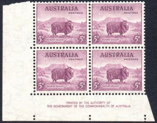 Australia 1937 - 49 5d Purple,  Merino Ram,  Imprint Block,  Sg.  189,  Vfm