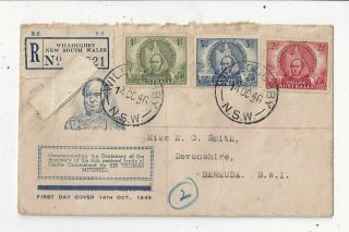 Australia 1946 Mitchell Registered Fdc Cover To Bermuda,  Smyth Cachet,  Missent