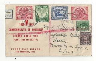 Australia 1946 Victory Registered Fdc Cover To England,  Text Cachet