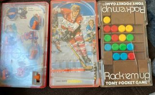 3 X Vintage 1970’s Tomy Pass The Puck Hockey,  Pinball,  Rock’em Up Pocket Games