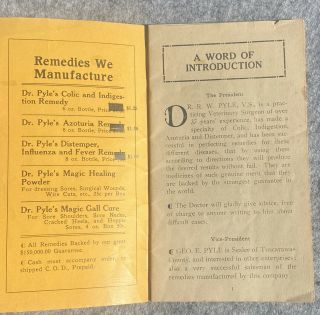 Antique Dr.  PYLE ' S Famous $150,  000 Guaranteed Veterinary Remedies Booklet 3