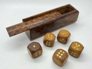 Vintage Set Of 5 Wooden Dice In Hand Carved Burl Wood Box Exquisite S6