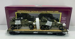 Mth 20 - 95327 O Us Army Flatcar W/half - Track M16 Scout Car 609255 Ln/box