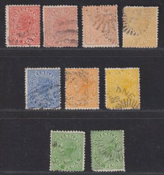 Queensland Sg 166//170 Scott 66//69 1882 Victoria Issue 9 Stamps W/ Shades