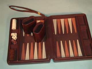 Vintage Backgammon Game Set Leather Travel Case With Zipper & Strap