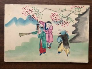 China Old Postcard Hand Painted Chinese People Playing Music Tientsin