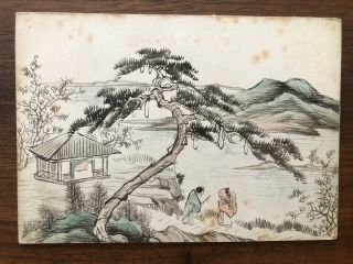 China Old Postcard Hand Painted Chinese People Pavilion Landscape