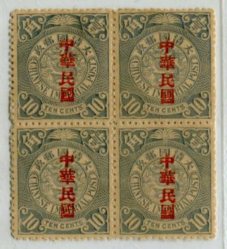 China 1912 Roc Ovpt On 10c Imperial Cip Blue; Vf Mh Block Of 4
