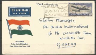 India,  First Flight,  Airmail Cover To Geneva