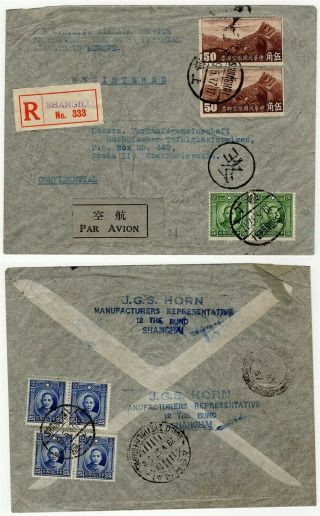 China 1937 Airmail Reg.  Cover Shanghai To Prague Cz Via Hong Kong & Athens - Cag
