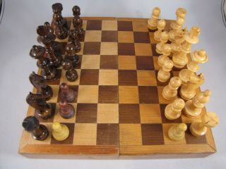 Vintage Hand Carved Wood Chess Set W/ Folding Chess Board Small Travel Set
