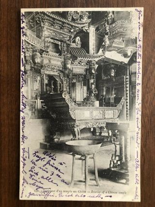 China Old Postcard Interior Of Chinese Temple Shanghai To Germany 1908